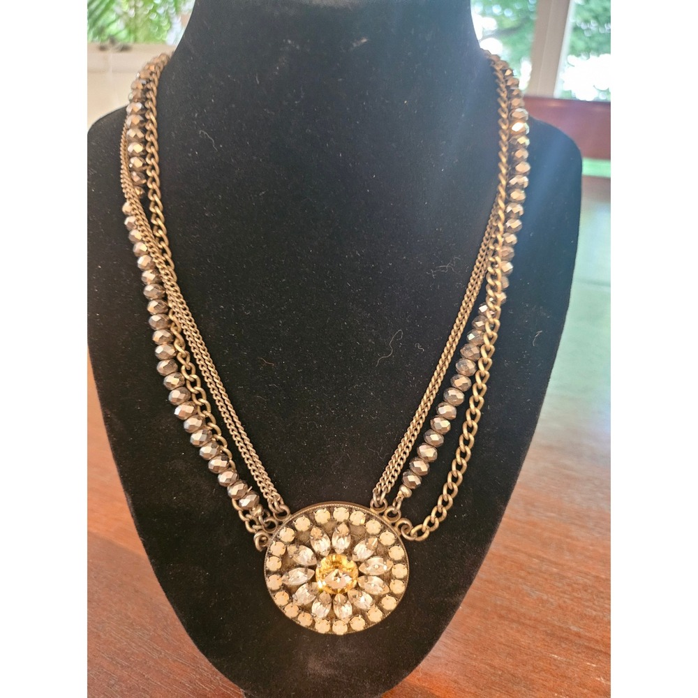 La Hola Necklace Womens Silver Multi Strand Crystal Medallion Statement
